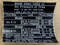 (Decal/Sticker-A)-BMW 2002/2002tii Tire Pressure decal (1 available)