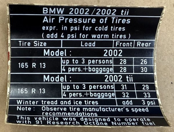 (Decal/Sticker-A)-BMW 2002/2002tii Tire Pressure decal (1 available)