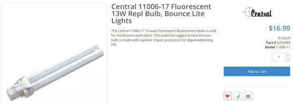 (CT-11006-17)-Central Tools "Rough Service" Fluorescent Bulb for Bounce Lights (5 available)