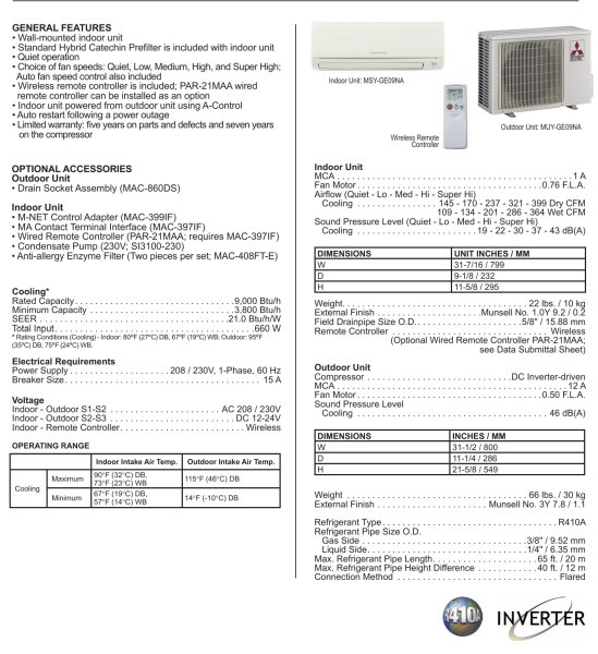 (Mitsubishi)- Mr Slim 9,000 btu Seer 21 Mini-split Air Conditioner (R410a) (MSY-GE09NA & MUY-GE09NA) (2 available) (Pickup only in northern NJ)
